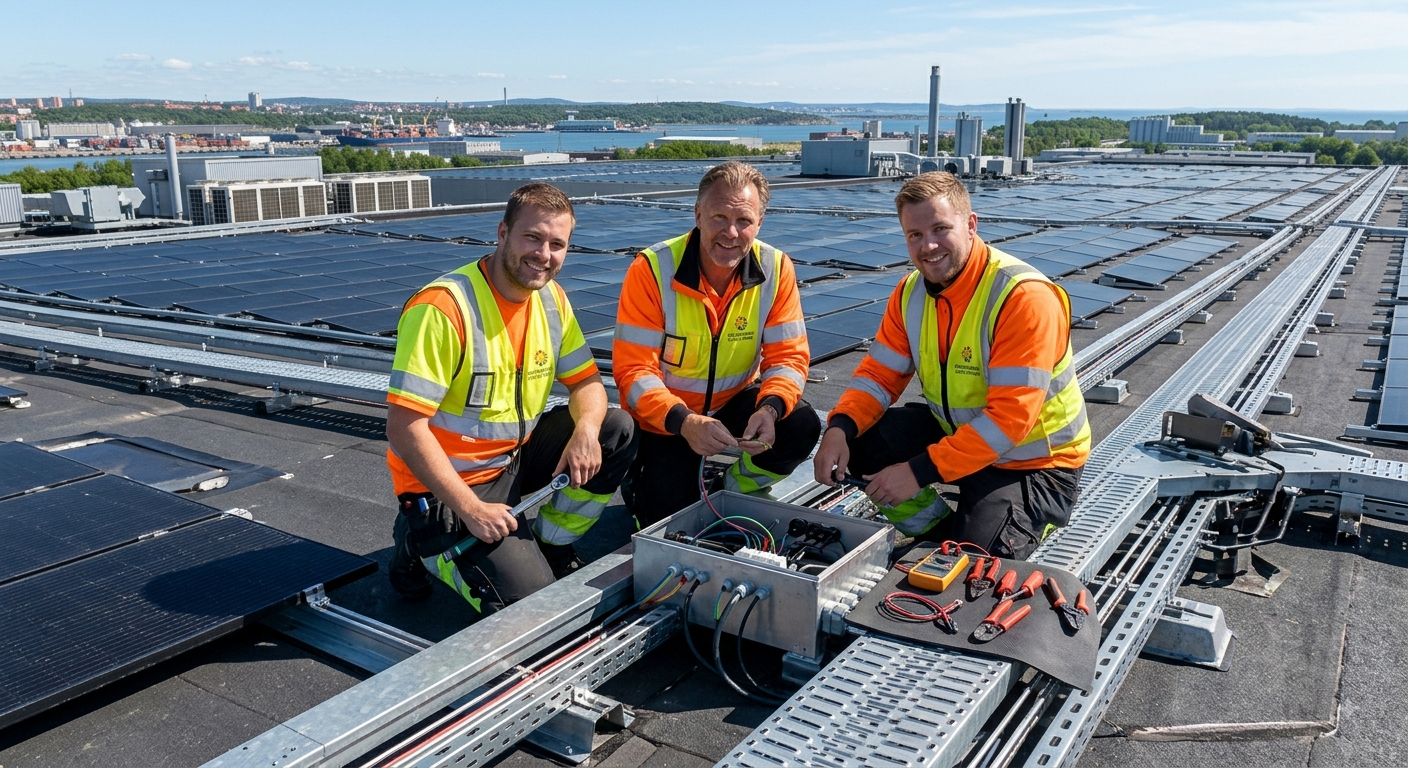 Erfarna solcellsinstallatörer på ett tak med färdiga solcellspaneler